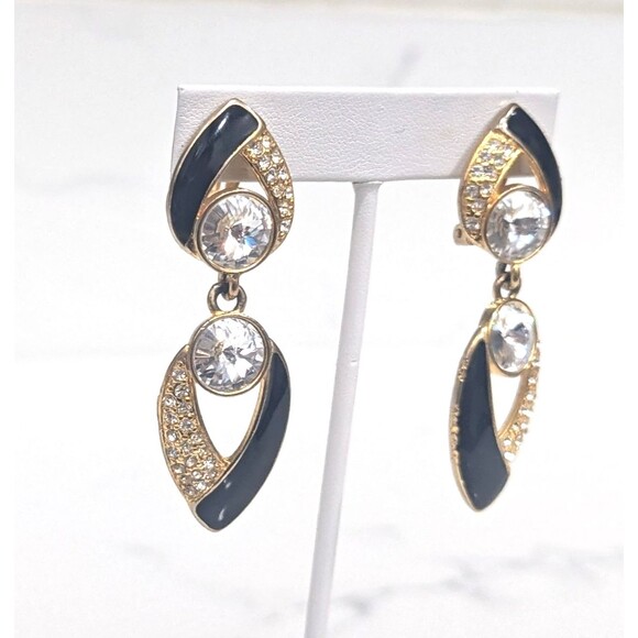 Vintage Bijoux Designs Earrings Clip On Black Enamel Rhinestone Dangle 80s 90s - Picture 3 of 11